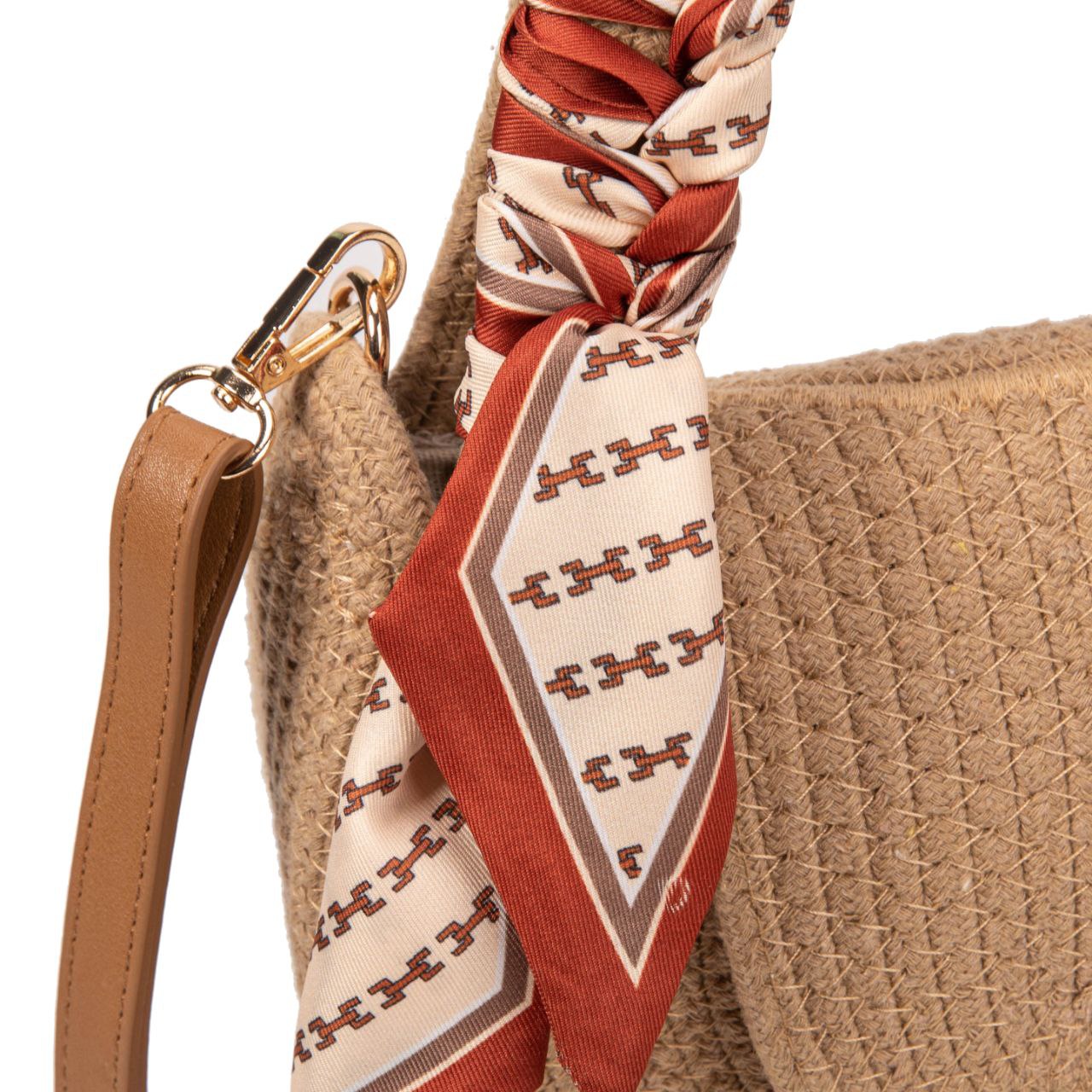 Bolso Mujer Verano De Paja Algodón, Bandolera Redonda Con Pañuelo, Bolso De Playa Elegante Beige/Natural