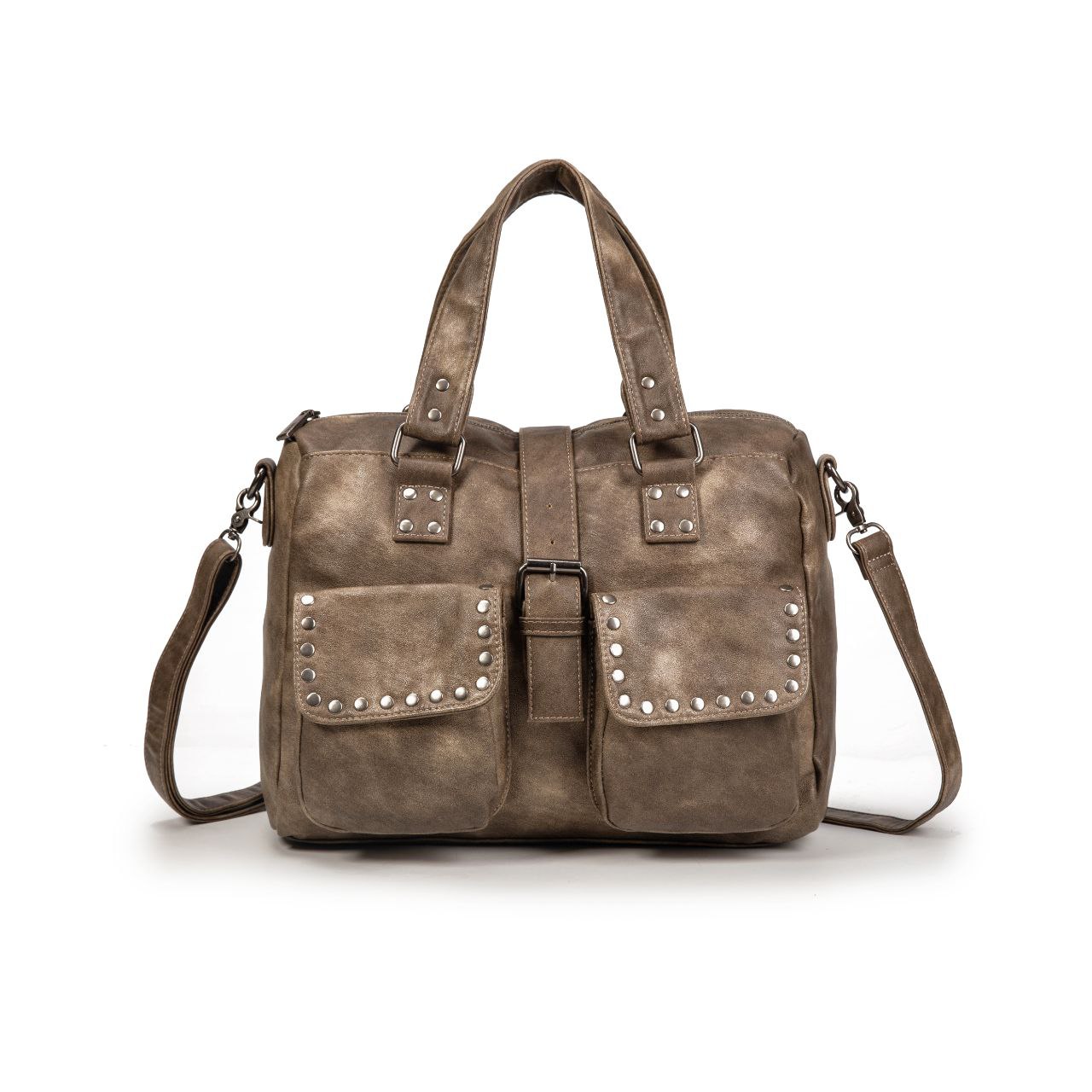 Bolso De Mano Grande Con Tachuelas Para Mujer En Eco Cuero Vintage – Estilo Urbano Y Elegante