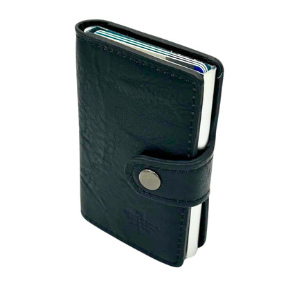 Tarjetero con bloqueo RFID para tarjetas y dinero. Diseño compacto y elegante. Marrón y negro clásico