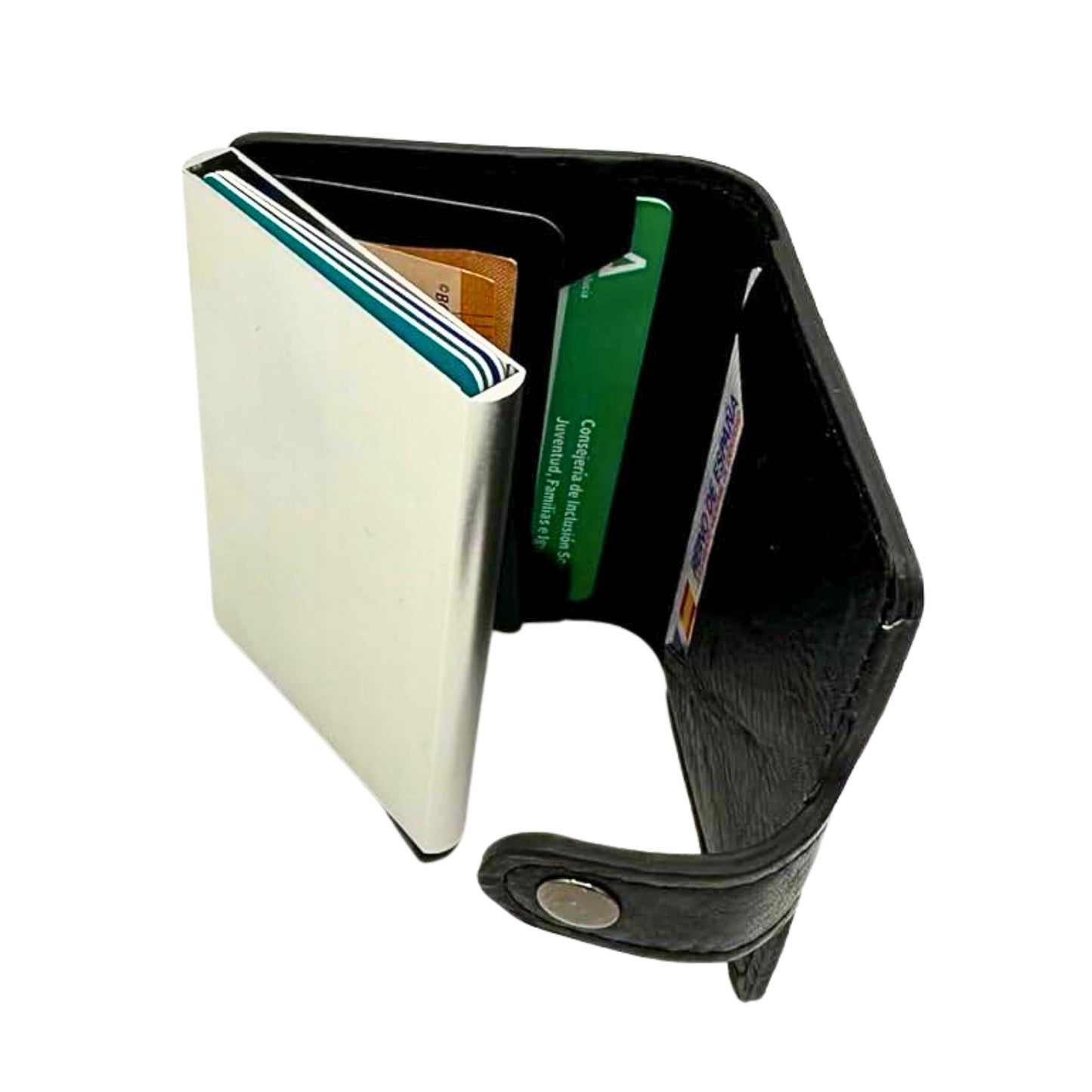 Tarjetero con bloqueo RFID para tarjetas y dinero. Diseño compacto y elegante. Marrón y negro clásico