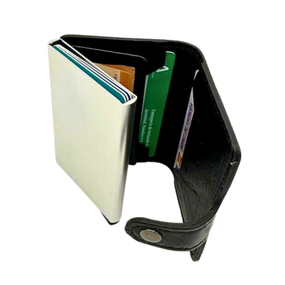 Tarjetero con bloqueo RFID para tarjetas y dinero. Diseño compacto y elegante. Marrón y negro clásico