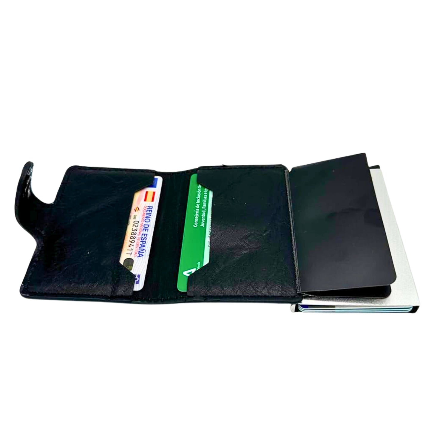 Tarjetero con bloqueo RFID para tarjetas y dinero. Diseño compacto y elegante. Marrón y negro clásico