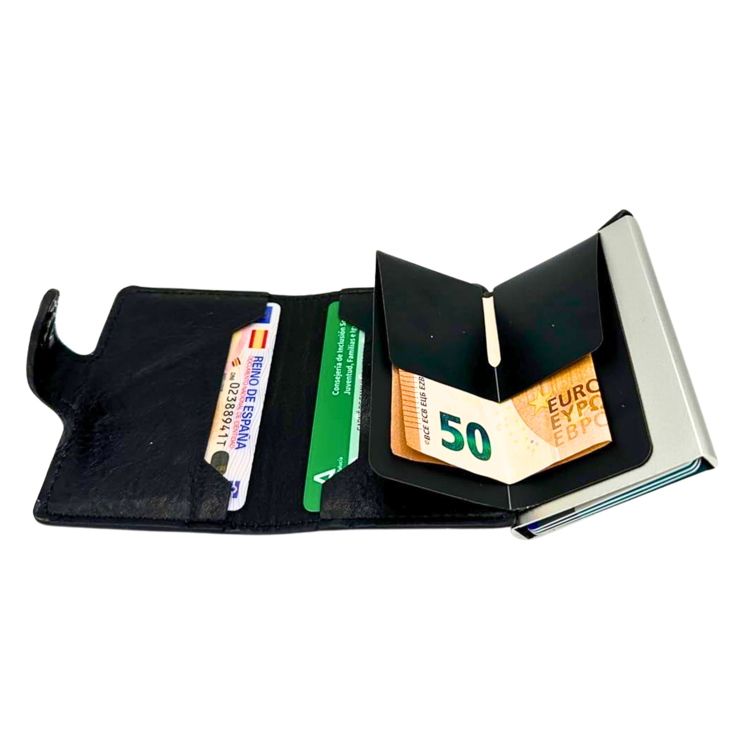 Tarjetero con bloqueo RFID para tarjetas y dinero. Diseño compacto y elegante. Marrón y negro clásico