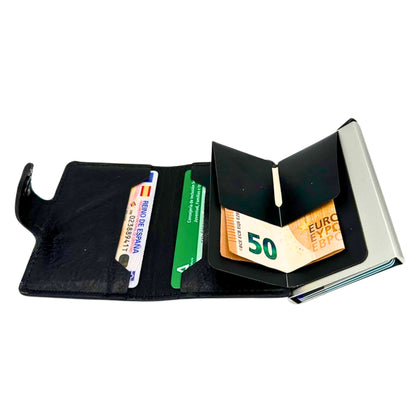 Tarjetero con bloqueo RFID para tarjetas y dinero. Diseño compacto y elegante. Marrón y negro clásico