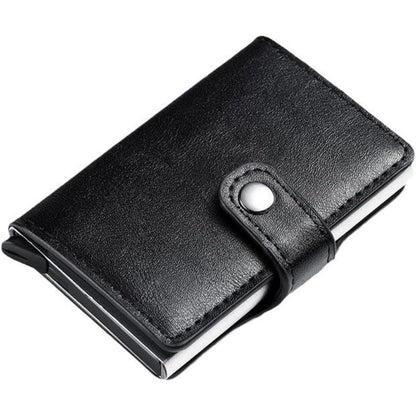 Tarjetero con bloqueo RFID para tarjetas y dinero. Diseño compacto y elegante. Marrón y negro clásico