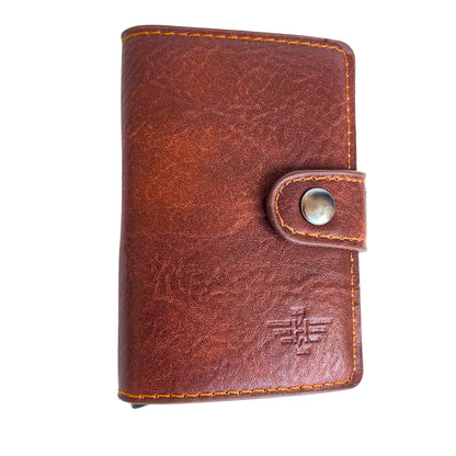 Tarjetero con bloqueo RFID para tarjetas y dinero. Diseño compacto y elegante. Marrón y negro clásico