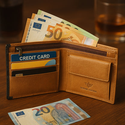 Cartera De Cuero Para Hombre Marrón Claro Con Módulo Extraíble, Bolso Pequeño 11x10cm, Diseño Elegante