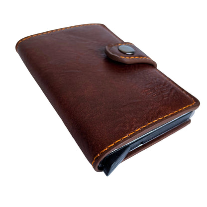 Tarjetero con bloqueo RFID para tarjetas y dinero. Diseño compacto y elegante. Marrón y negro clásico