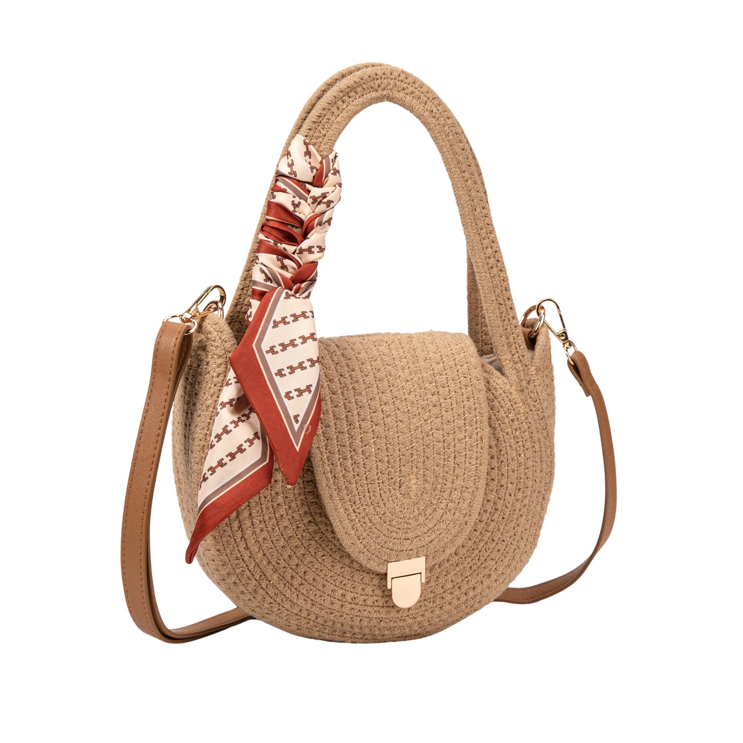 Bolso Mujer Verano De Paja Algodón, Bandolera Redonda Con Pañuelo, Bolso De Playa Elegante Beige/Natural