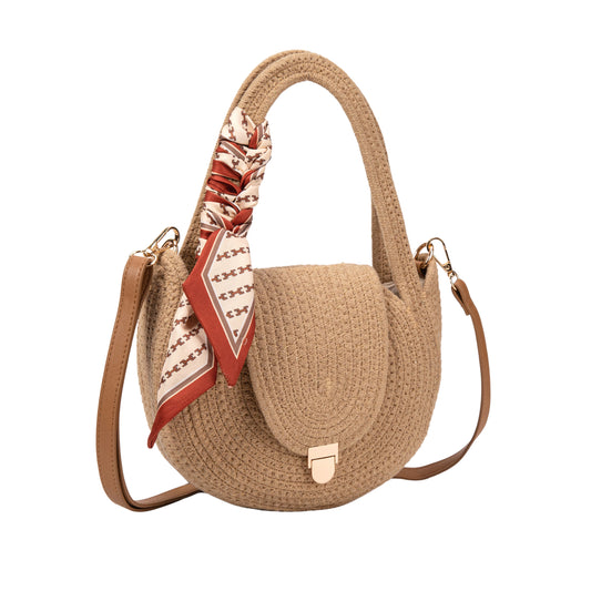 Bolso Mujer Verano De Paja Algodón, Bandolera Redonda Con Pañuelo, Bolso De Playa Elegante Beige/Natural