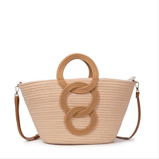 Bolso De Algodón Con Asas Redondas Originales, Diseño De Aros, Correa Ajustable, Ligero, Ideal Para Verano Playa Mujer
