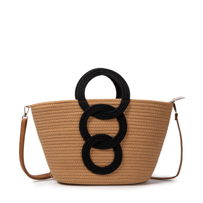 Bolso De Algodón Con Asas Redondas Originales, Diseño De Aros, Correa Ajustable, Ligero, Ideal Para Verano Playa Mujer