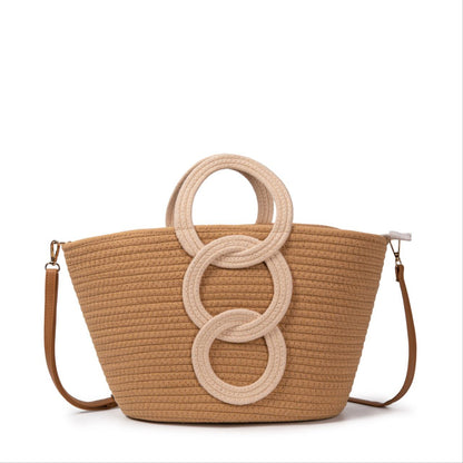 Bolso De Algodón Con Asas Redondas Originales, Diseño De Aros, Correa Ajustable, Ligero, Ideal Para Verano Playa Mujer