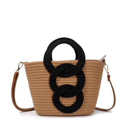 Bolso De Algodón Con Aros Decorativos, Asas Redondas, Correa Ajustable, Diseño Boho Para Mujer, Verano, Playa, Moda