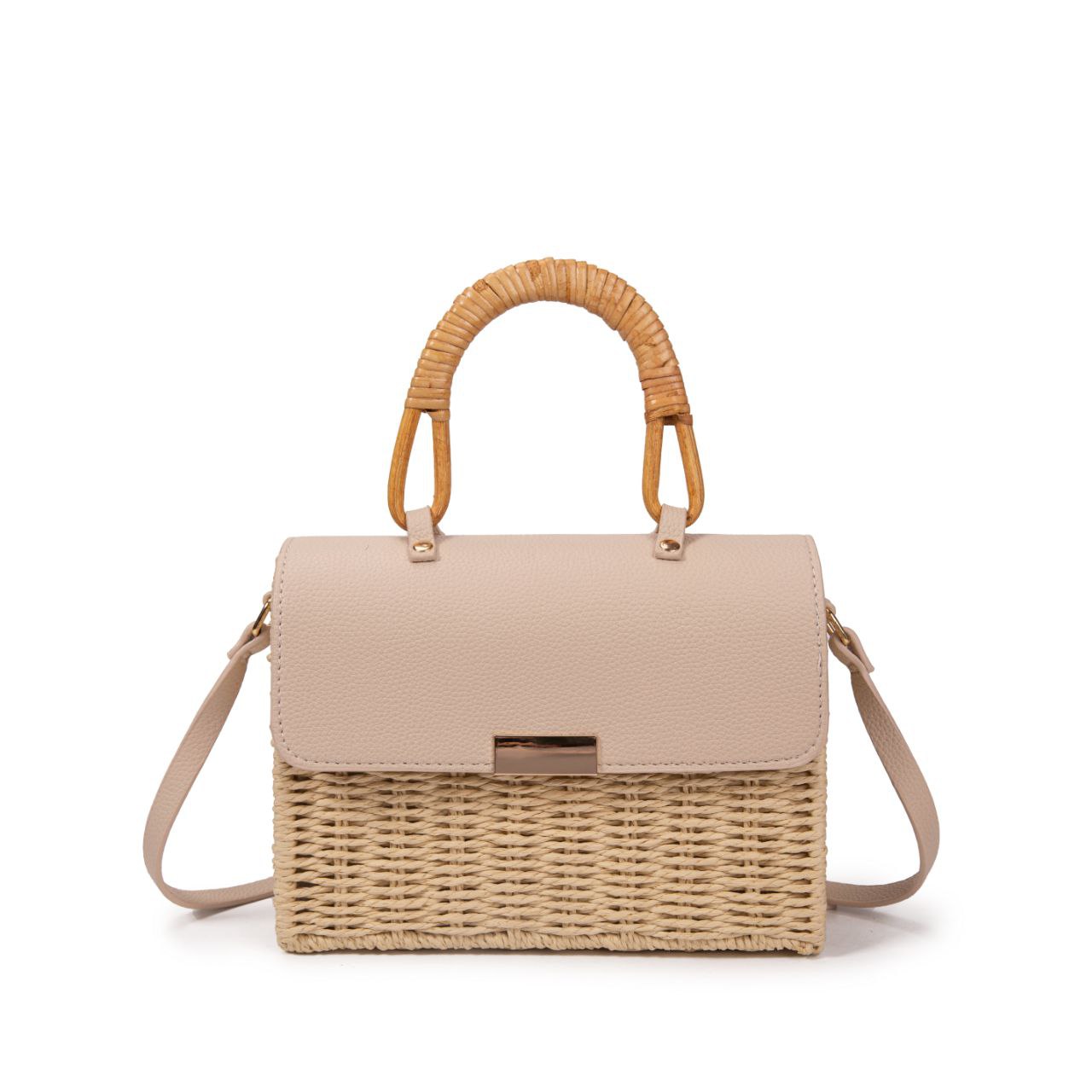 Bolso De Playa Estilo Rústico Con Asa De Bambú Y Cierre Magnético – Bolso De Mano De Paja Y Polipiel Para Mujer