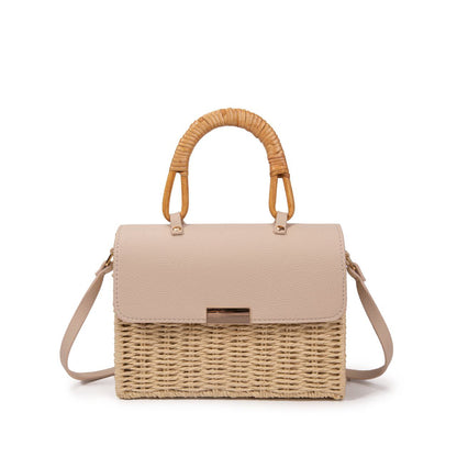 Bolso De Playa Estilo Rústico Con Asa De Bambú Y Cierre Magnético – Bolso De Mano De Paja Y Polipiel Para Mujer