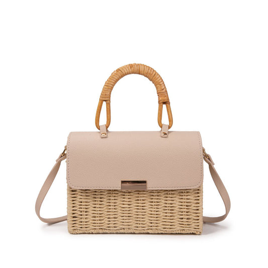 Bolso De Playa Estilo Rústico Con Asa De Bambú Y Cierre Magnético – Bolso De Mano De Paja Y Polipiel Para Mujer