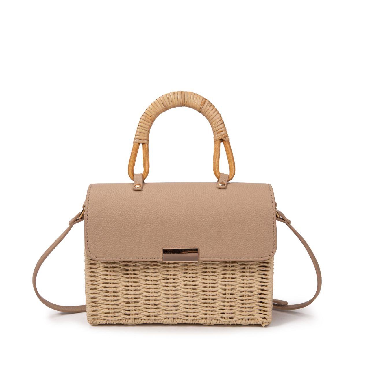 Bolso De Playa Estilo Rústico Con Asa De Bambú Y Cierre Magnético – Bolso De Mano De Paja Y Polipiel Para Mujer