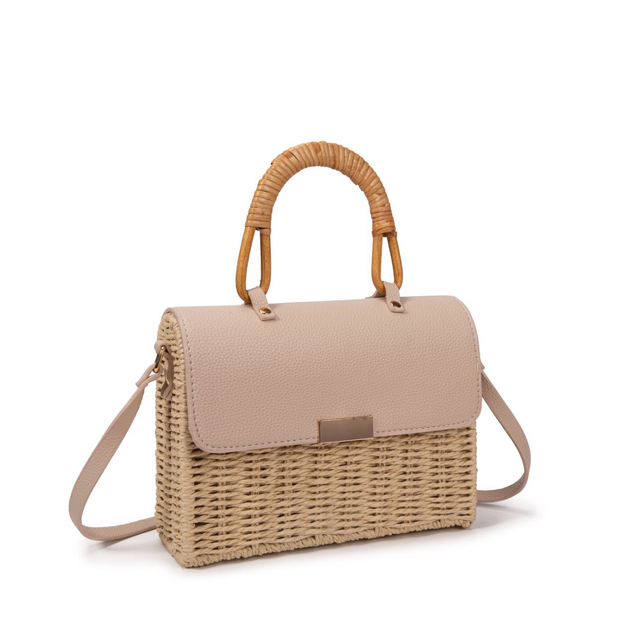 Bolso De Playa Estilo Rústico Con Asa De Bambú Y Cierre Magnético – Bolso De Mano De Paja Y Polipiel Para Mujer