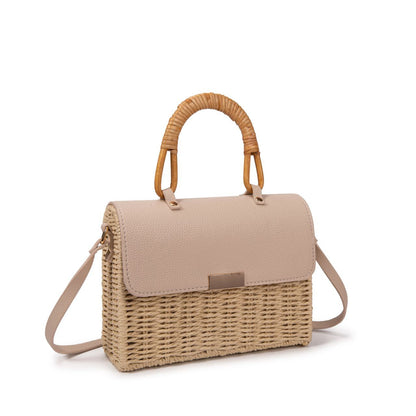 Bolso De Playa Estilo Rústico Con Asa De Bambú Y Cierre Magnético – Bolso De Mano De Paja Y Polipiel Para Mujer