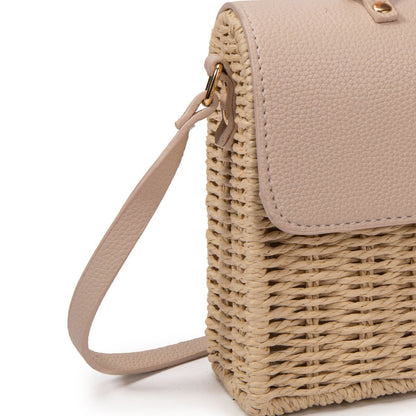 Bolso De Playa Estilo Rústico Con Asa De Bambú Y Cierre Magnético – Bolso De Mano De Paja Y Polipiel Para Mujer
