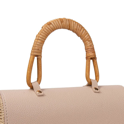 Bolso De Playa Estilo Rústico Con Asa De Bambú Y Cierre Magnético – Bolso De Mano De Paja Y Polipiel Para Mujer