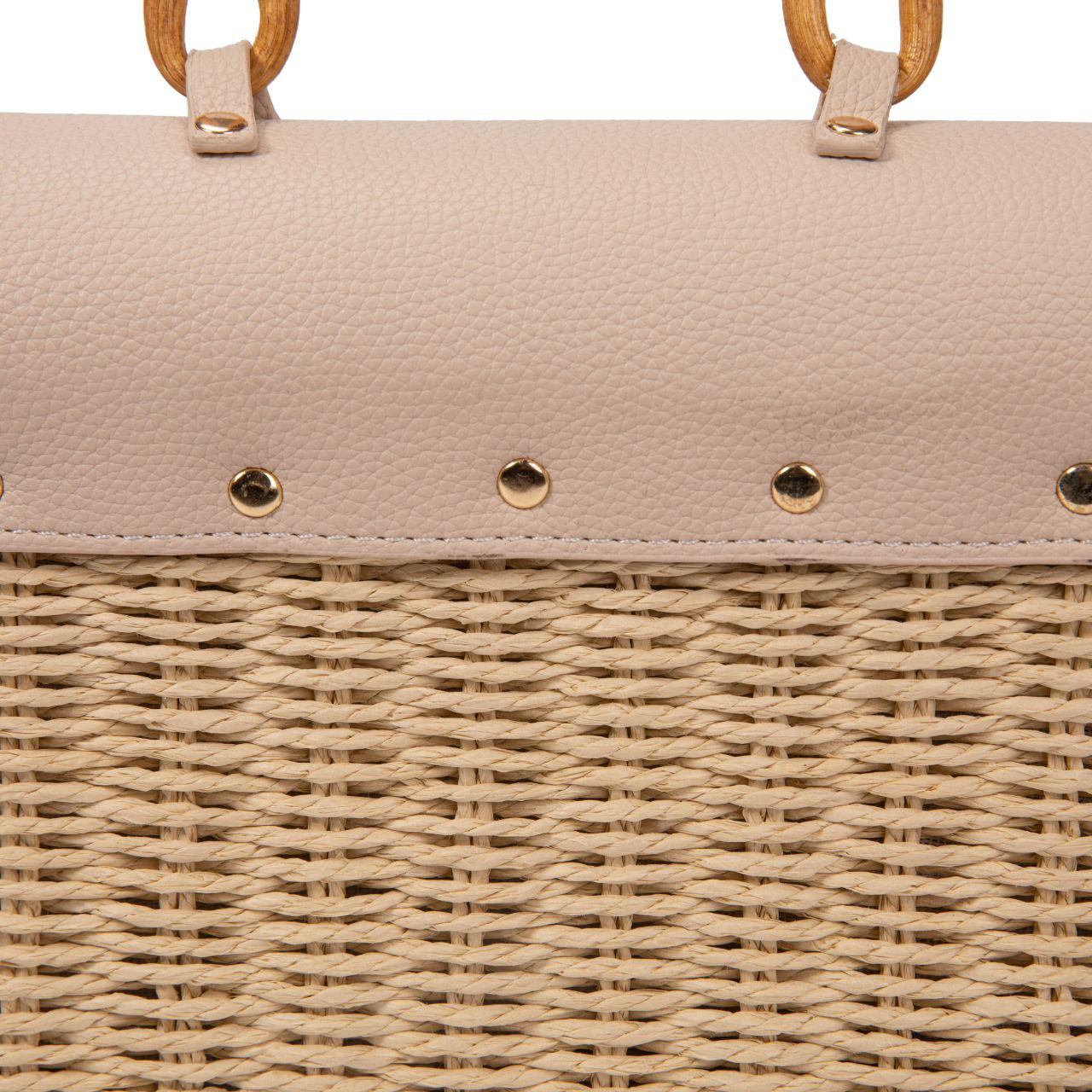 Bolso De Playa Estilo Rústico Con Asa De Bambú Y Cierre Magnético – Bolso De Mano De Paja Y Polipiel Para Mujer