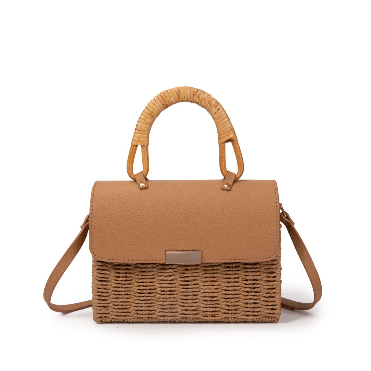 Bolso De Playa Estilo Rústico Con Asa De Bambú Y Cierre Magnético – Bolso De Mano De Paja Y Polipiel Para Mujer