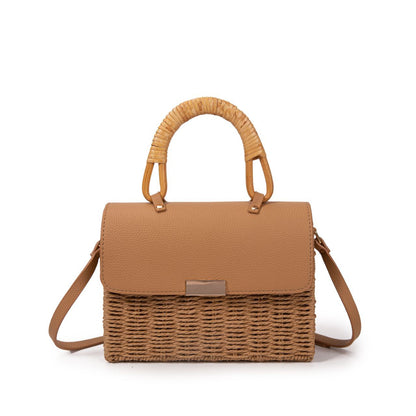 Bolso De Playa Estilo Rústico Con Asa De Bambú Y Cierre Magnético – Bolso De Mano De Paja Y Polipiel Para Mujer