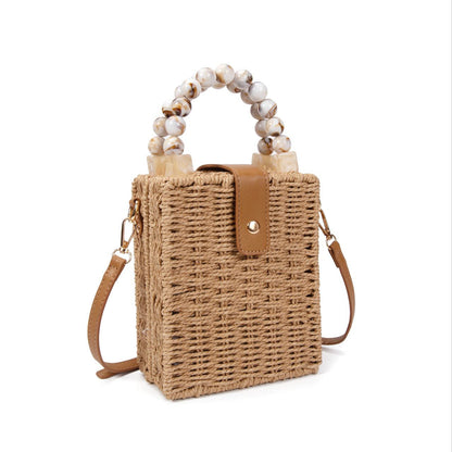 Bolso De Mano De Paja Para Mujer Con Asa De Bolas Acrílicas Y Correa Ajustable – Estilo Natural Verano Elegante