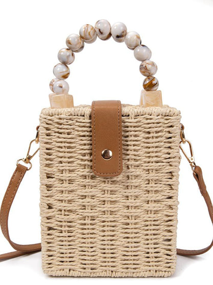 Bolso De Mano De Paja Para Mujer Con Asa De Bolas Acrílicas Y Correa Ajustable – Estilo Natural Verano Elegante