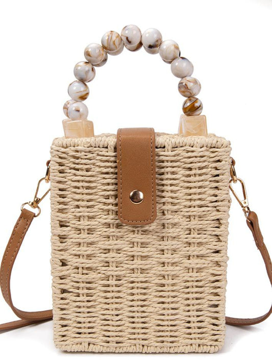 Bolso De Mano De Paja Para Mujer Con Asa De Bolas Acrílicas Y Correa Ajustable – Estilo Natural Verano Elegante