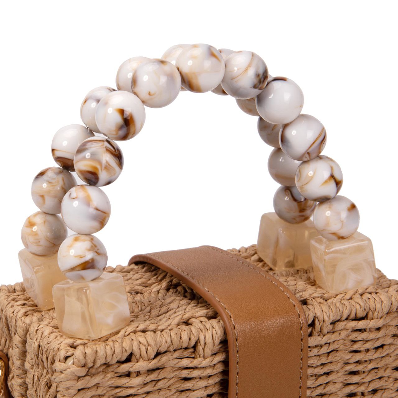 Bolso De Mano De Paja Para Mujer Con Asa De Bolas Acrílicas Y Correa Ajustable – Estilo Natural Verano Elegante