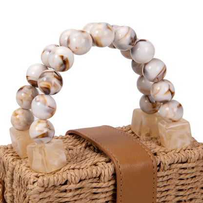 Bolso De Mano De Paja Para Mujer Con Asa De Bolas Acrílicas Y Correa Ajustable – Estilo Natural Verano Elegante