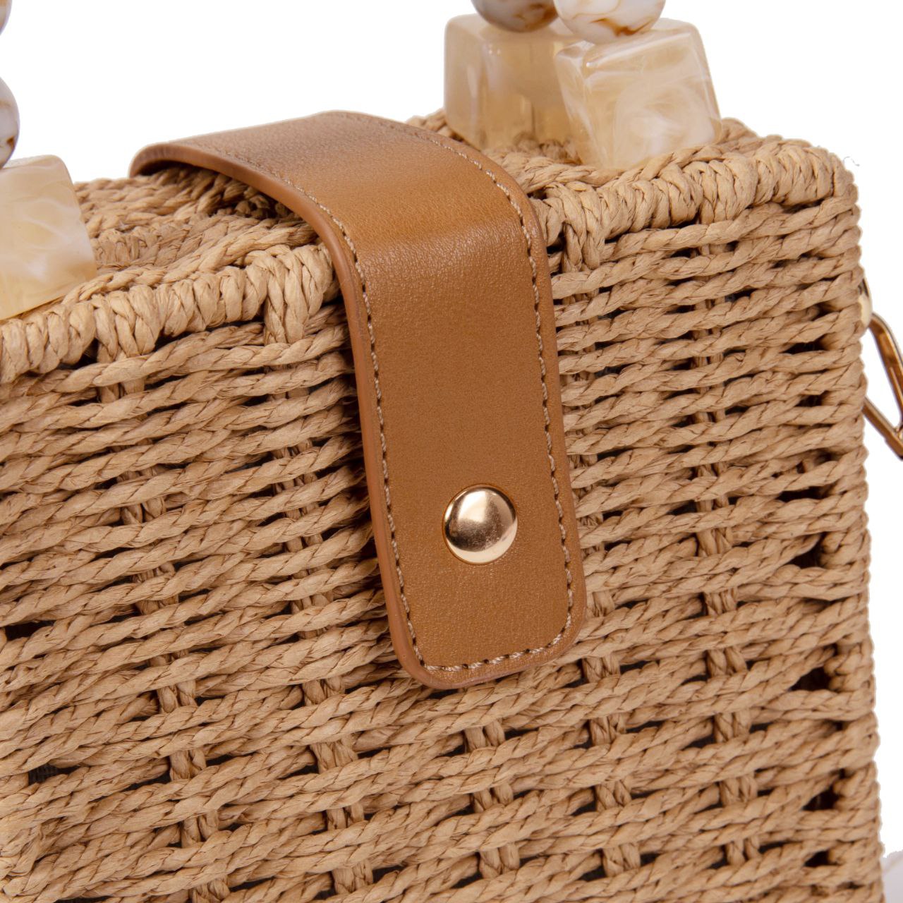 Bolso De Mano De Paja Para Mujer Con Asa De Bolas Acrílicas Y Correa Ajustable – Estilo Natural Verano Elegante