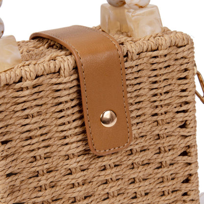 Bolso De Mano De Paja Para Mujer Con Asa De Bolas Acrílicas Y Correa Ajustable – Estilo Natural Verano Elegante