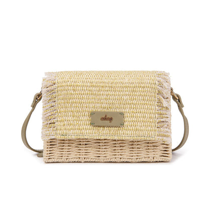 Bolso De Paja Mujer Tipo Satchel Con Solapa Flecada, Estilo Bohemio Chic Para Verano, Bandolera Elegante