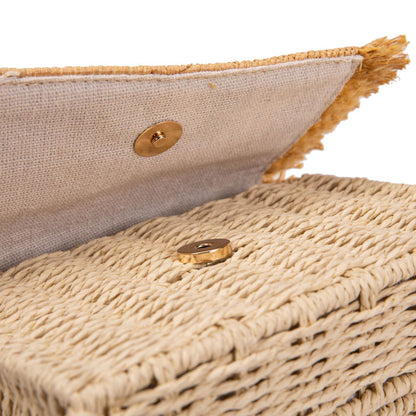 Bolso De Paja Mujer Tipo Satchel Con Solapa Flecada, Estilo Bohemio Chic Para Verano, Bandolera Elegante