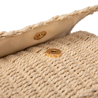 Bolso De Paja Mujer Bandolera Estilo Satchel Pequeño Con Solapa, Cierre Magnético Y Correa Ajustable Para Verano