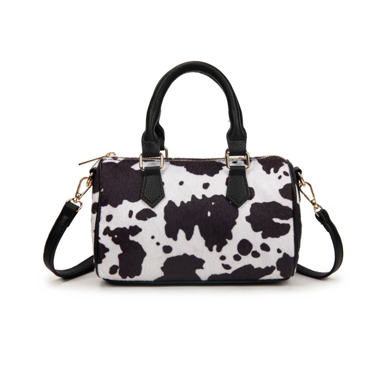 Bolso Mujer De Moda Estampado Vaca 23x14x11cm | Bolso Pequeño Tipo Bowling Con Correa Cruzada, Cartera De Eco Cuero