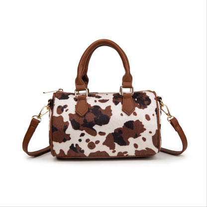 Bolso Mujer De Moda Estampado Vaca 23x14x11cm | Bolso Pequeño Tipo Bowling Con Correa Cruzada, Cartera De Eco Cuero