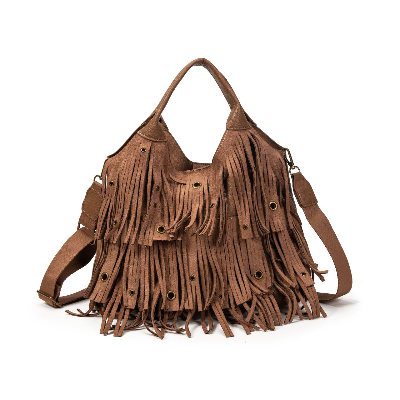 Bolso Mujer Boho Con Flecos Y Correa Ancha, Bolso De Moda Tipo Hobo Con Neceser, Bandolera 29x24x10cm