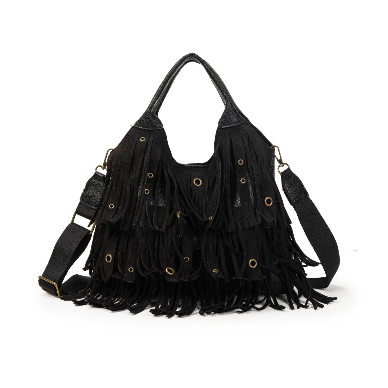 Bolso Mujer Boho Con Flecos Y Correa Ancha, Bolso De Moda Tipo Hobo Con Neceser, Bandolera 29x24x10cm