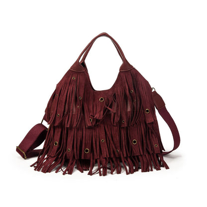 Bolso Mujer Boho Con Flecos Y Correa Ancha, Bolso De Moda Tipo Hobo Con Neceser, Bandolera 29x24x10cm