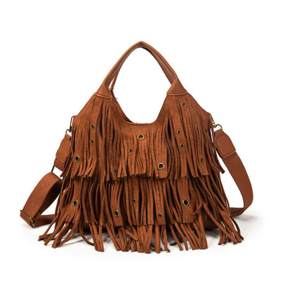 Bolso Mujer Boho Con Flecos Y Correa Ancha, Bolso De Moda Tipo Hobo Con Neceser, Bandolera 29x24x10cm