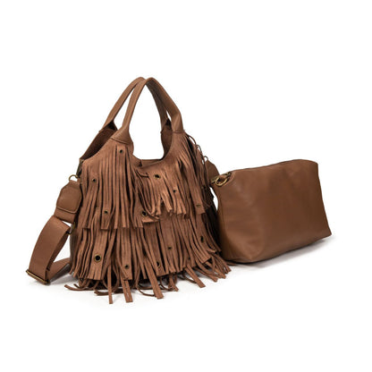 Bolso Mujer Boho Con Flecos Y Correa Ancha, Bolso De Moda Tipo Hobo Con Neceser, Bandolera 29x24x10cm