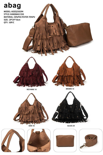 Bolso Mujer Boho Con Flecos Y Correa Ancha, Bolso De Moda Tipo Hobo Con Neceser, Bandolera 29x24x10cm