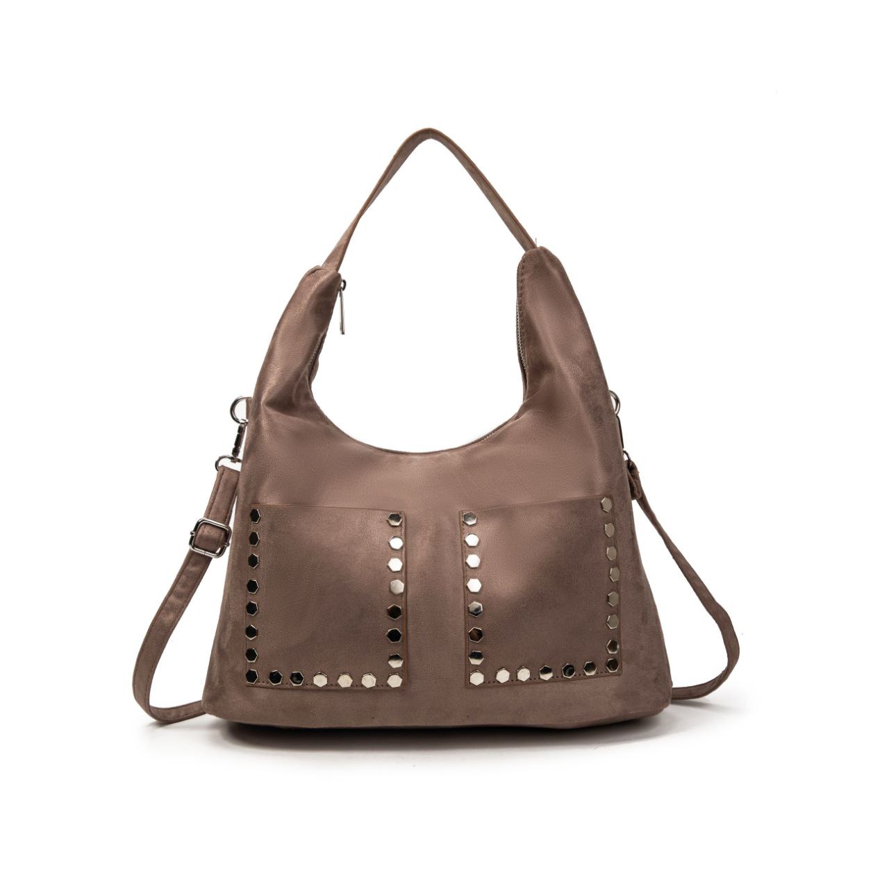 Bolso Mujer De Moda Tipo Hobo Con Tachuelas, Estilo Boho Chic, Asas Y Correa Bandolera, Suave Efecto Ante Mediano