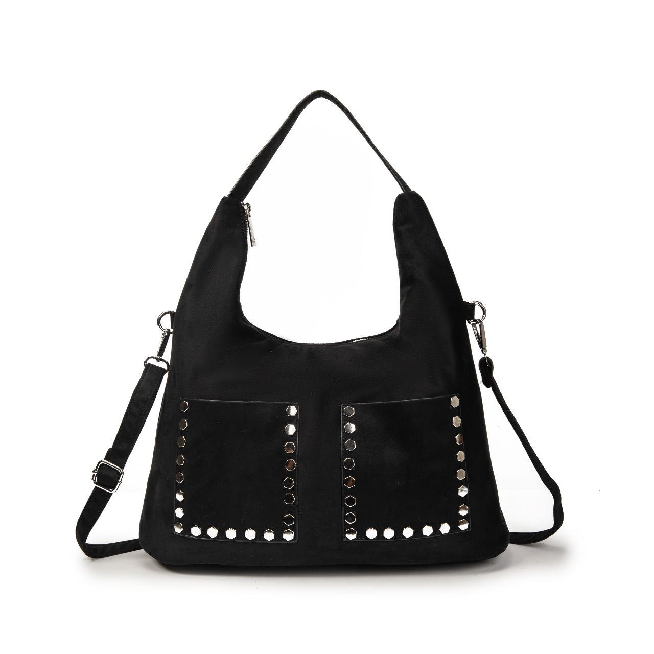 Bolso Mujer De Moda Tipo Hobo Con Tachuelas, Estilo Boho Chic, Asas Y Correa Bandolera, Suave Efecto Ante Mediano