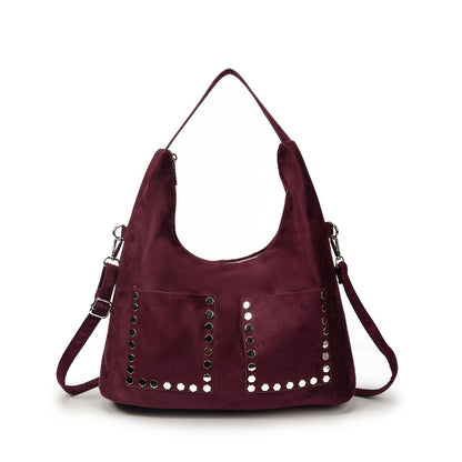 Bolso Mujer De Moda Tipo Hobo Con Tachuelas, Estilo Boho Chic, Asas Y Correa Bandolera, Suave Efecto Ante Mediano